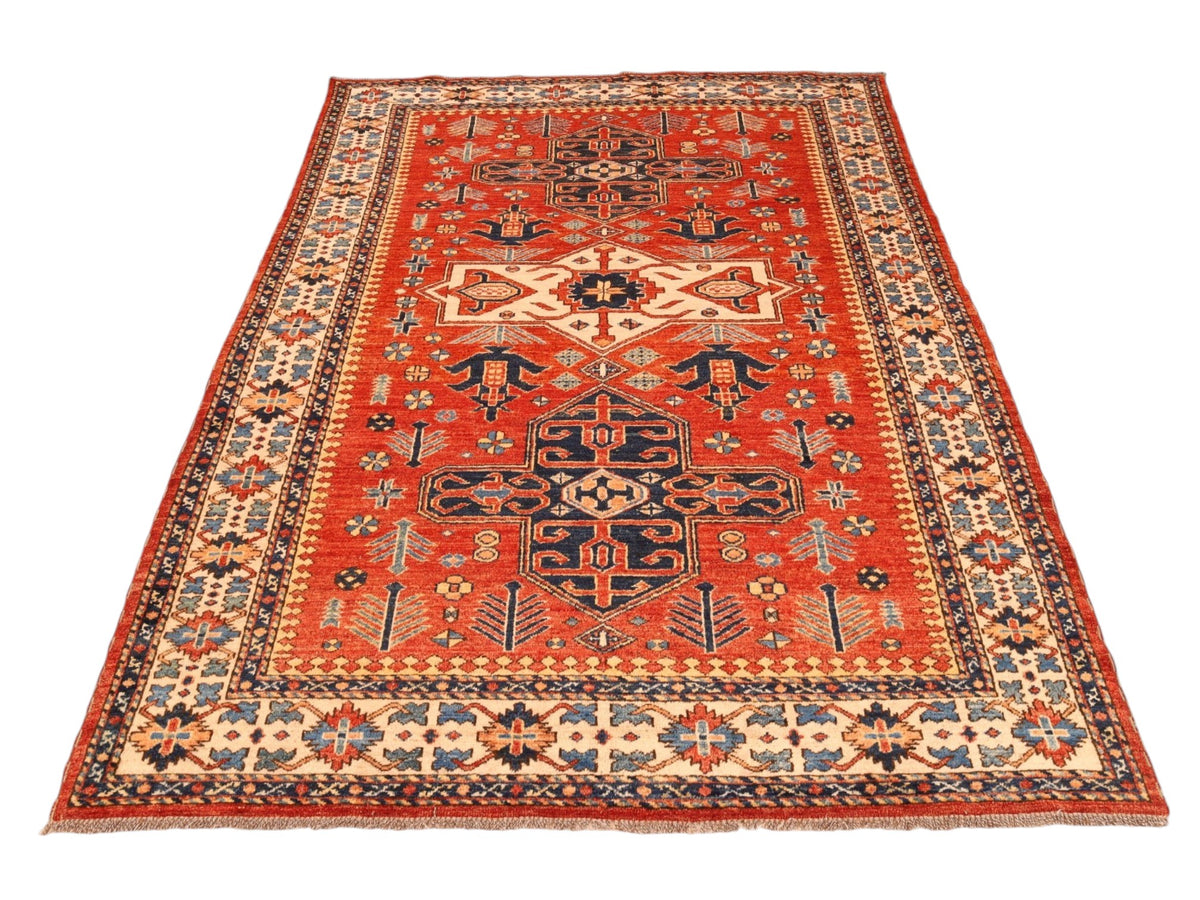 Kazak-Orientteppich aus Wolle – handgeknüpft, Rot, 190 × 142 cm