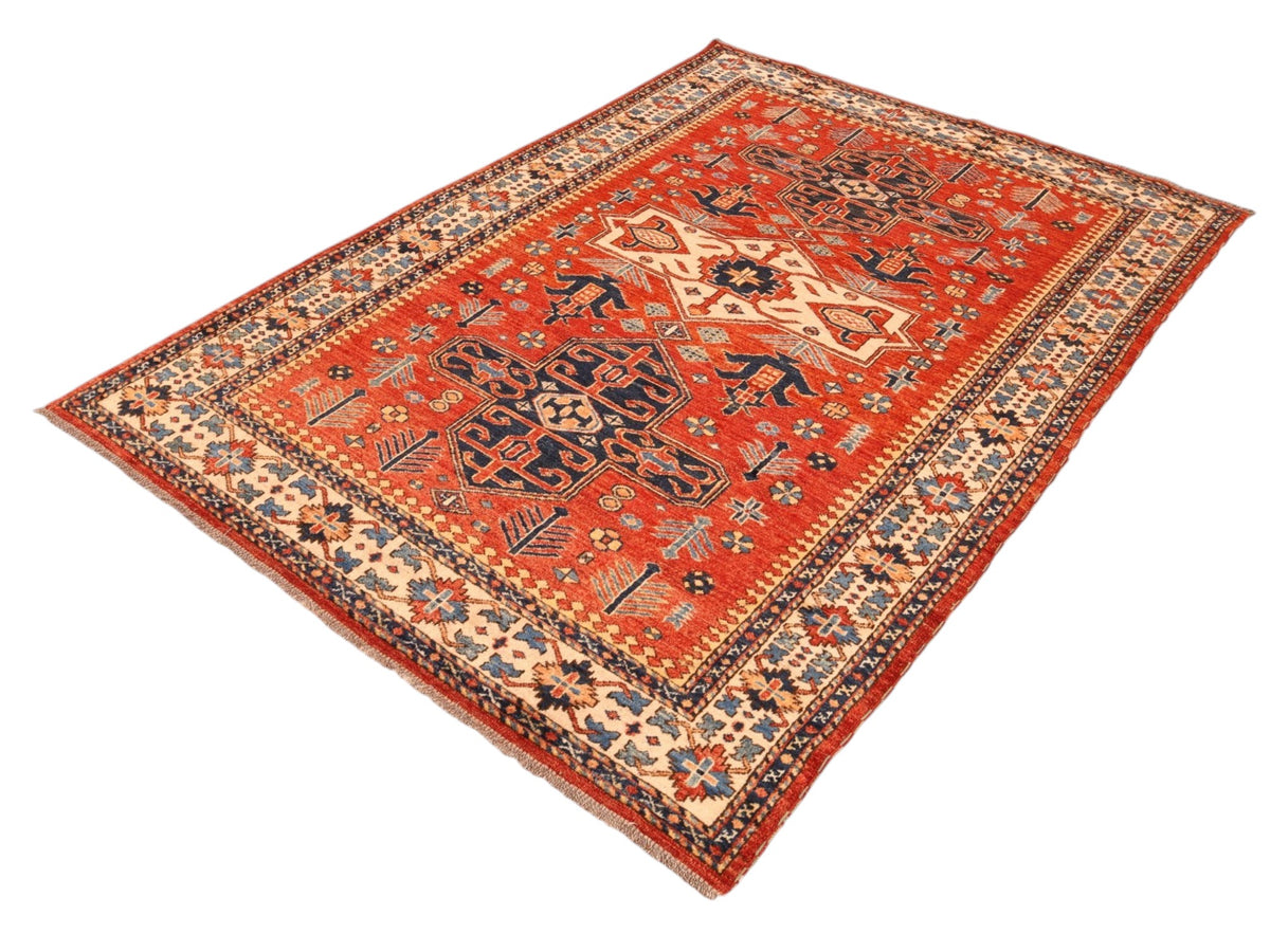 Kazak-Orientteppich aus Wolle – handgeknüpft, Rot, 190 × 142 cm