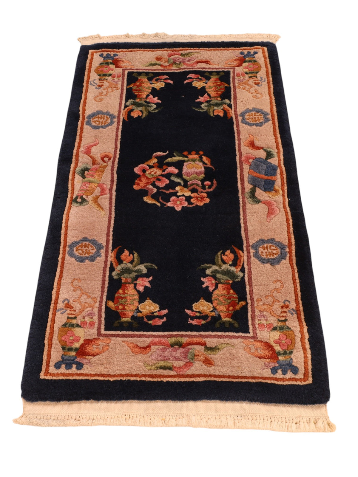 Handgeknüpfter China Orientteppich 123x62 cm Wolle Blau Beige