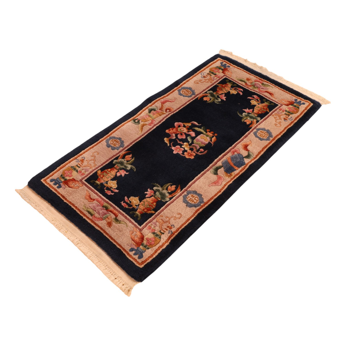 Handgeknüpfter China Orientteppich 123x62 cm Wolle Blau Beige