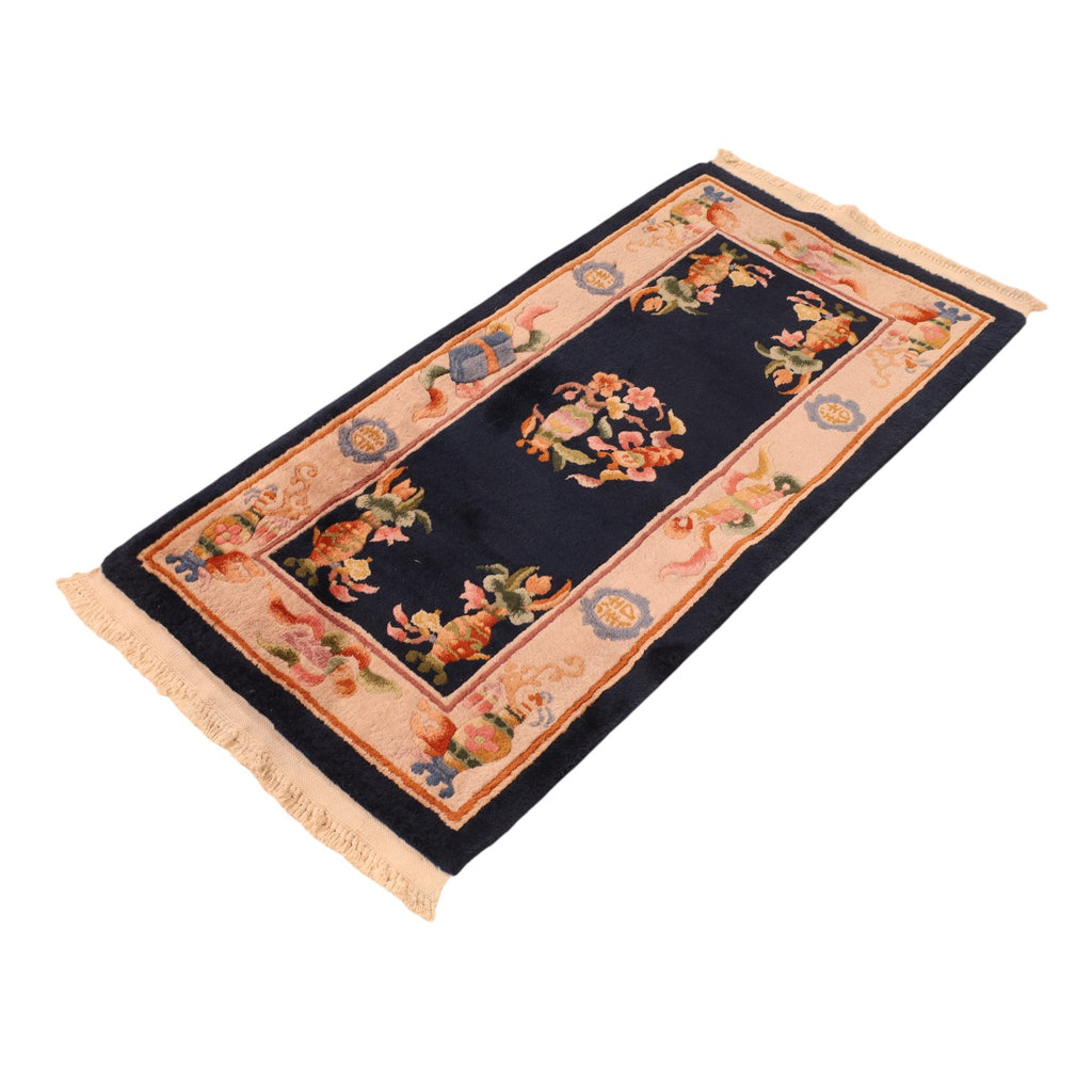 Handgeknüpfter China Orientteppich 123x62 cm Wolle Blau Beige