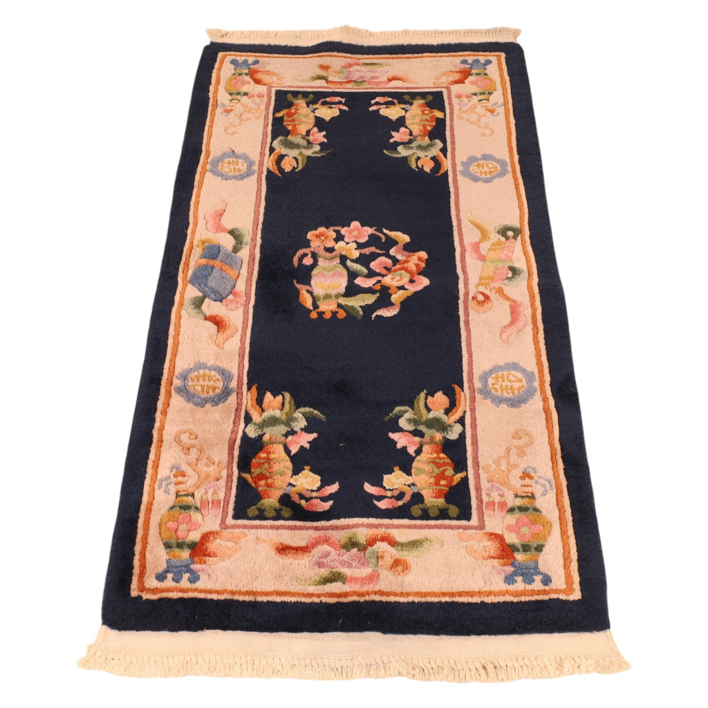 Handgeknüpfter China Orientteppich 123x62 cm Wolle Blau Beige