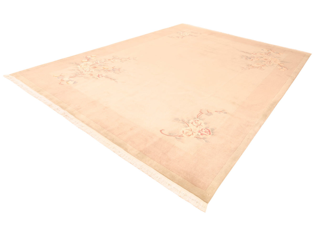 Chinesischer Wollteppich – handgeknüpft, Beige und Rosé, 363 × 272 cm