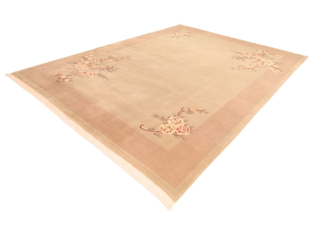 Chinesischer Wollteppich – handgeknüpft, Beige und Rosé, 363 × 272 cm