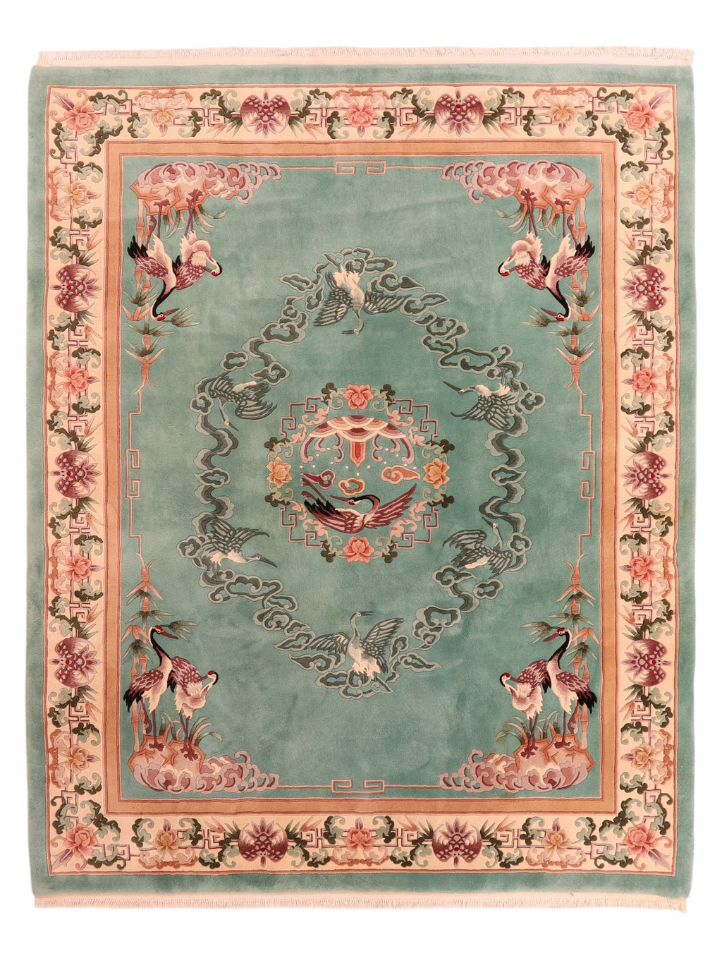 Chinesischer Teppich mit Kranichmotiven – handgeknüpft aus Wolle, 305 × 245 cm